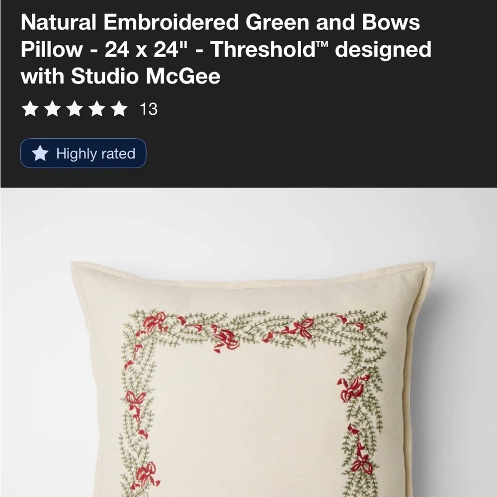 NWT Natural Embroidered Green and‎ Bows Pillow - 24 x 24” STUDIO MCGEE
